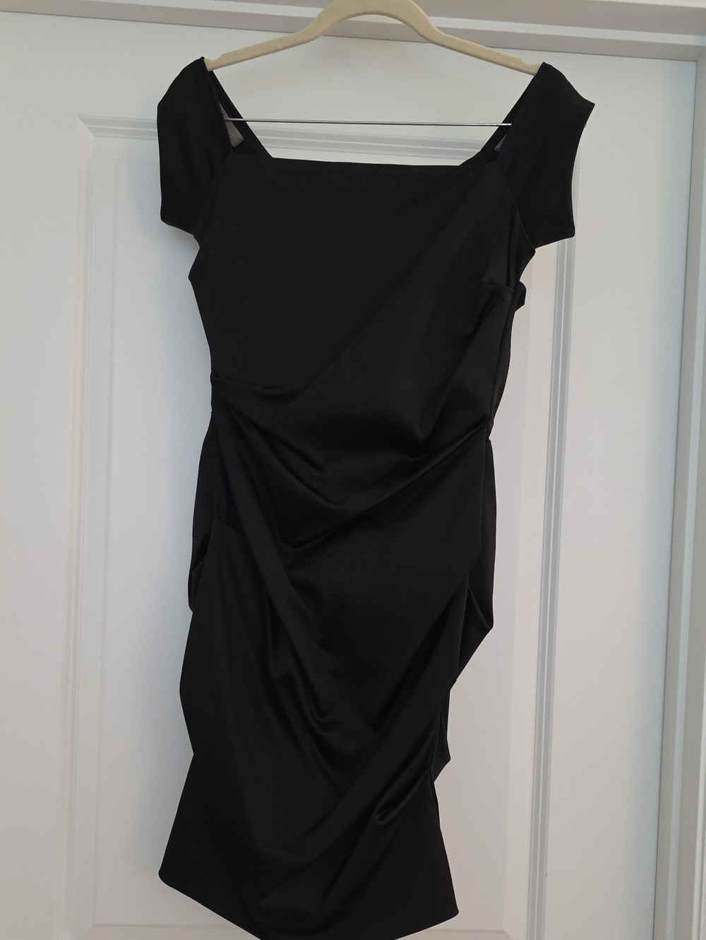 Betsy & Adam Black Draped Midi Dress with Cap Sleeves